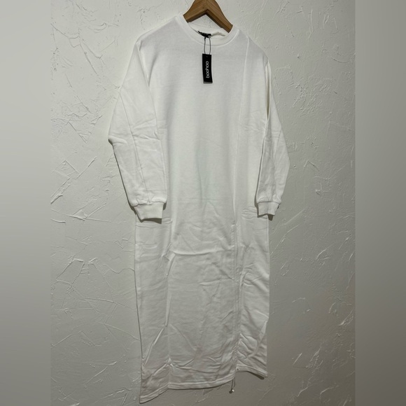 Boohoo White Long Sleeve Ruched Sweatshirt Dress Sz XS | Casual Chic Fall Outfit - Picture 5 of 11